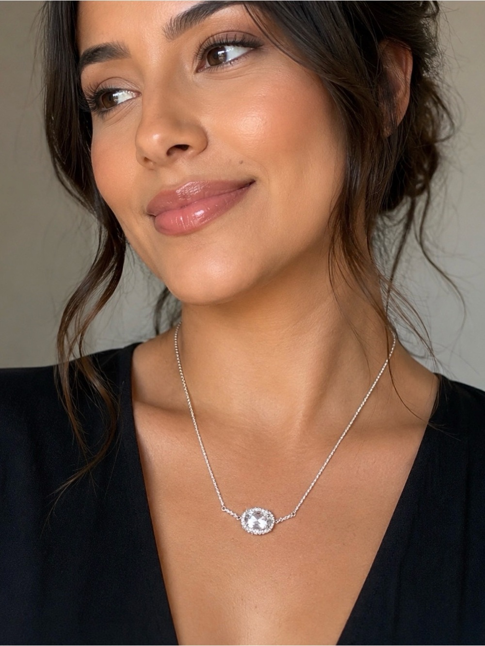 17”+3” Silver Crystal Pendant Rhodium Necklace - Women Jewelry
